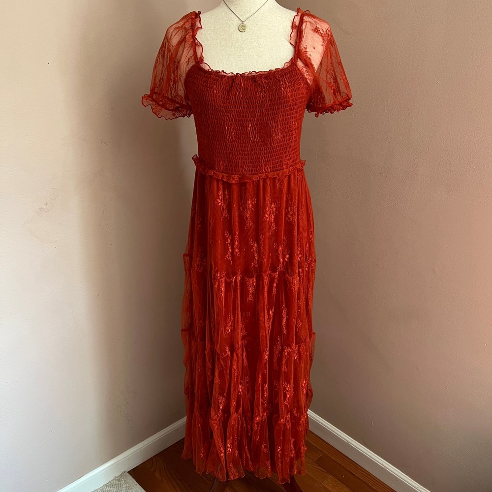 Ember Rust Orange Lace Midi Dress Puff Sleeve Smocked Whimsygoth Fairy Vampy M